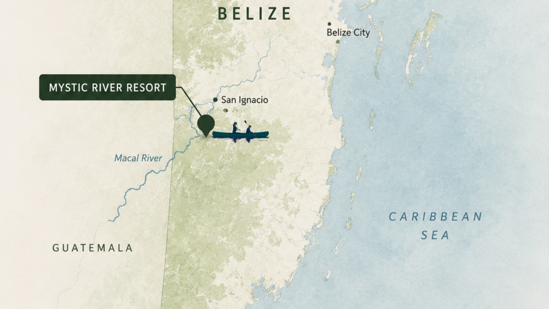 Map depicting the location of Mystic River Resort near San Ignacio, Belize, along the Macal River.